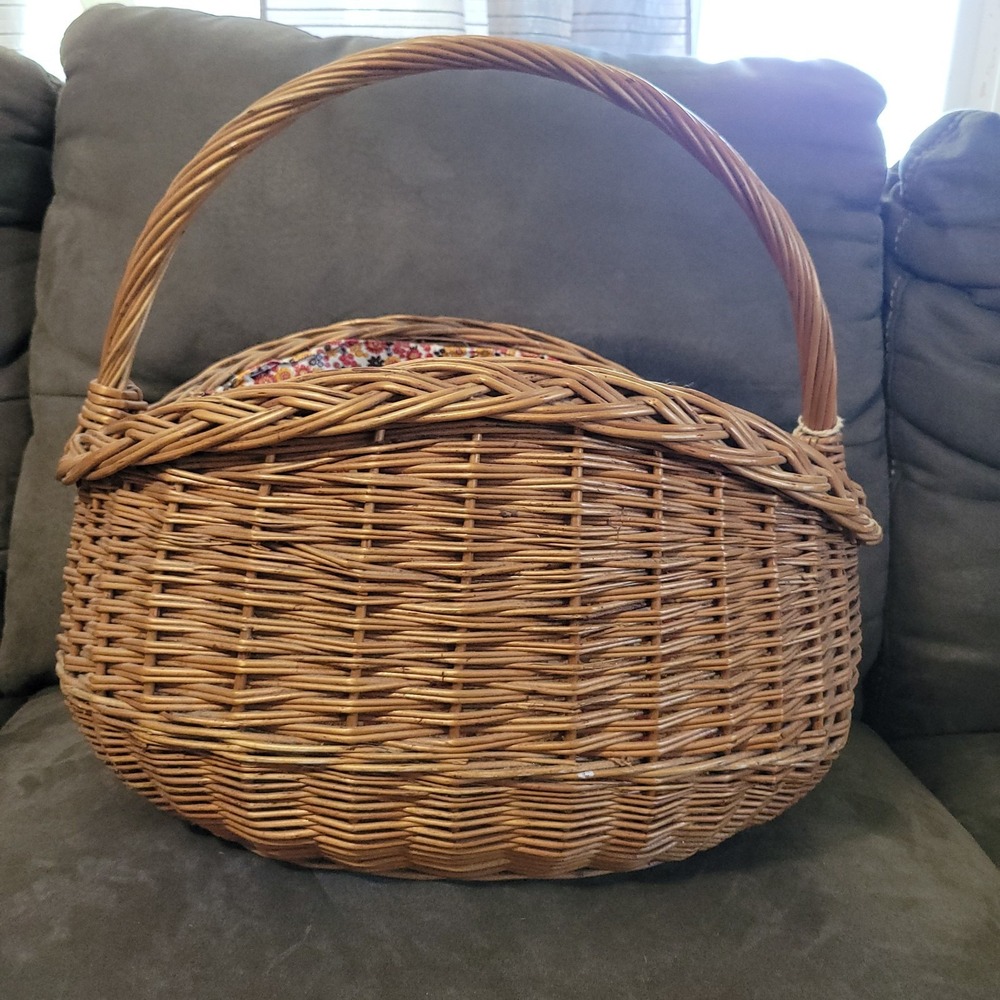 Vintage Large Wicker Woven Market Basket Floral Liner